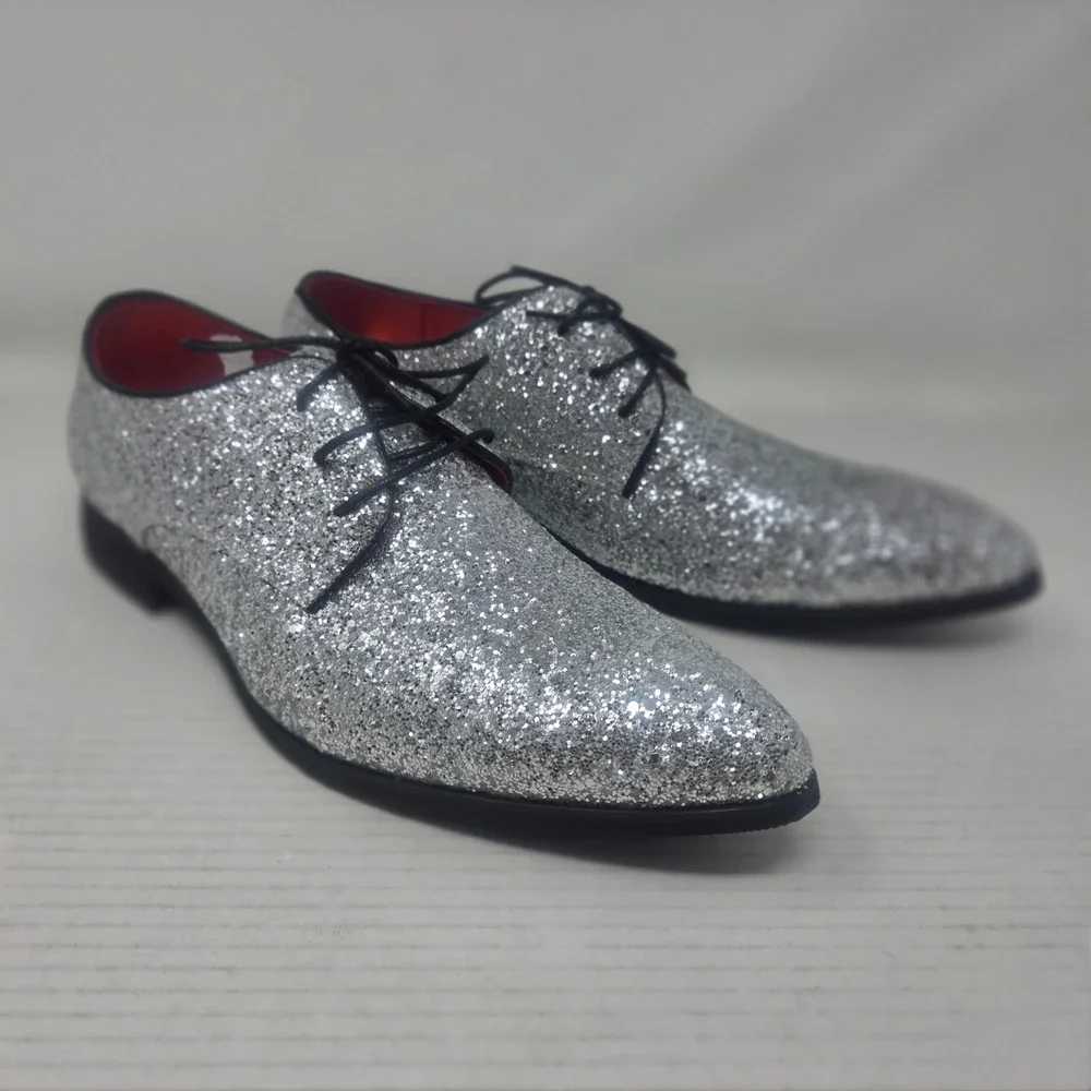 Glitter Derby Shoes Mens 10 Silver Pointed Toe Formal Party Statement Glam